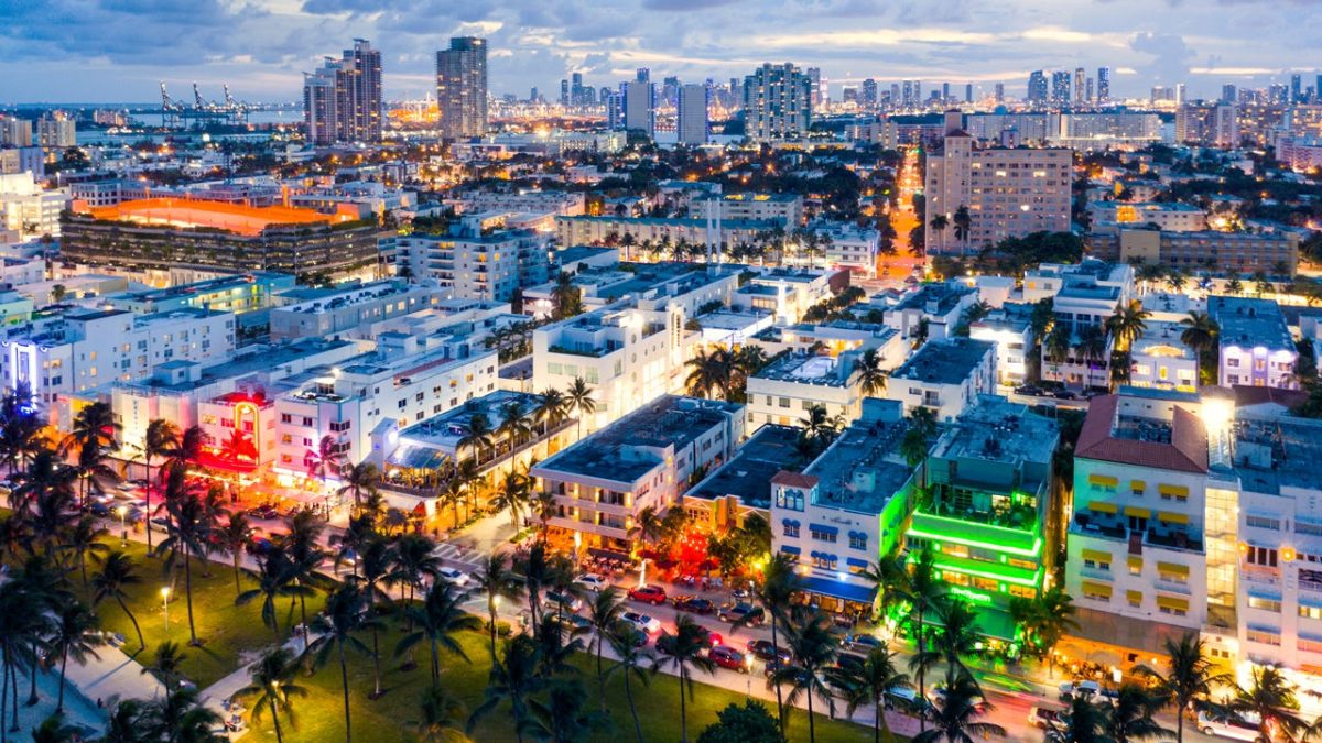 Aerial view of Ocean drive and Miami, Florida downtown at dusk